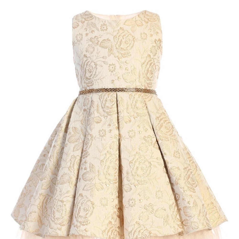 Ivory Gold Floral Brocade Fit-and-Flare Dress